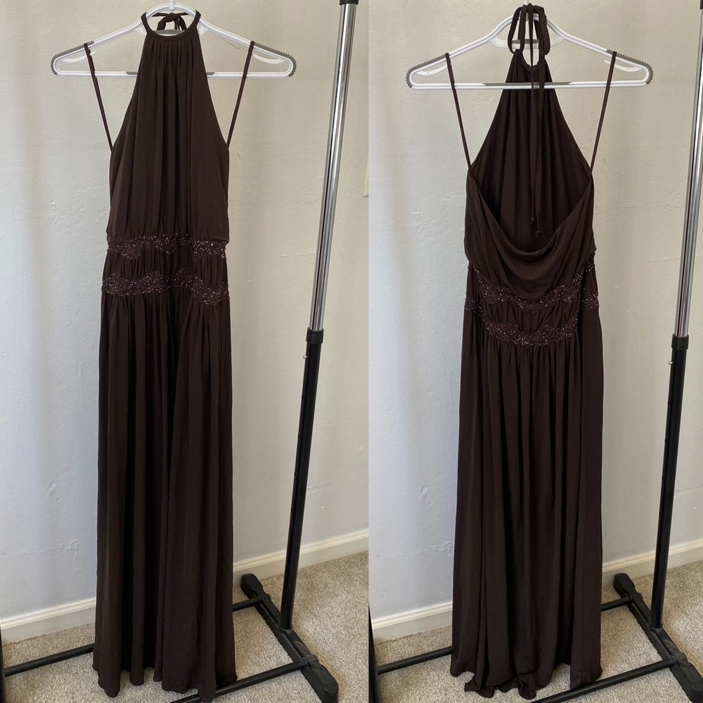 BCBG MAXAZRIA BROWN HALTER BEADED MAXI DRESS GOWN